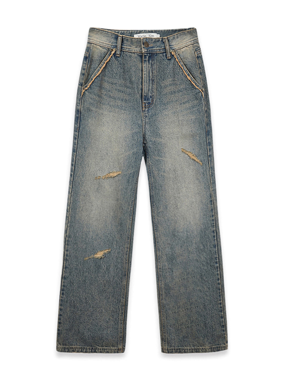Matin Kim Semi Boots Cut Washed Denim — Navy blue