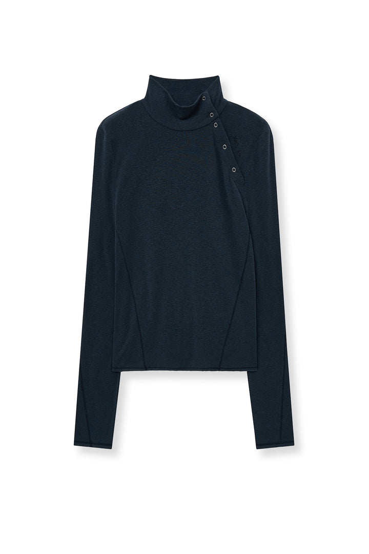Matin Kim Button Slit Half Neck Top — Navy blue