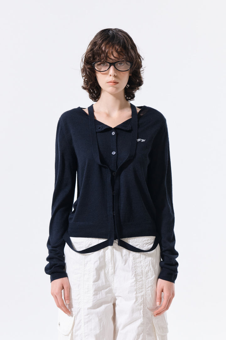 Matin Kim String Detail Knit Cardigan — Dark Navy