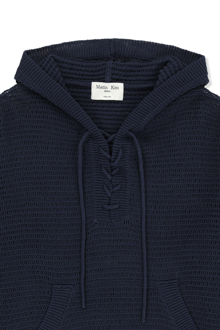 Matin Kim Oversized Mesh Knit Hoodie — Navy blue