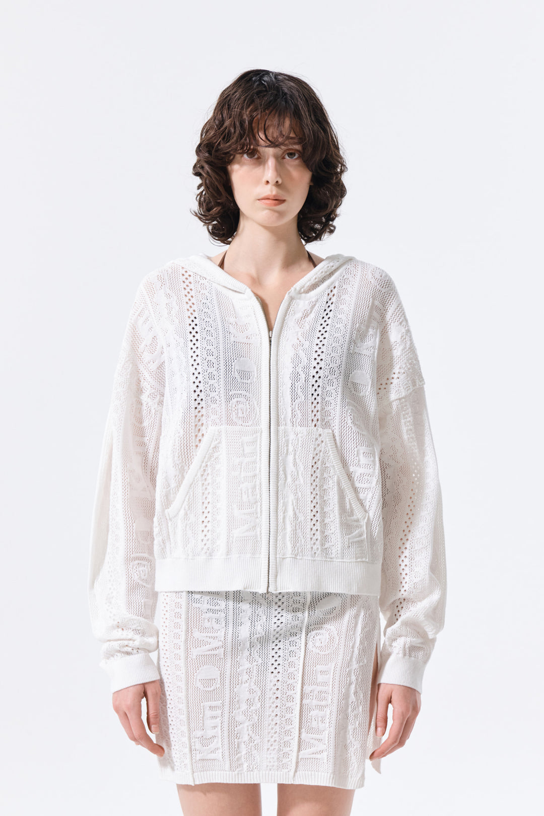 Matin Kim Mesh Logo Knit Zip Hoody — White