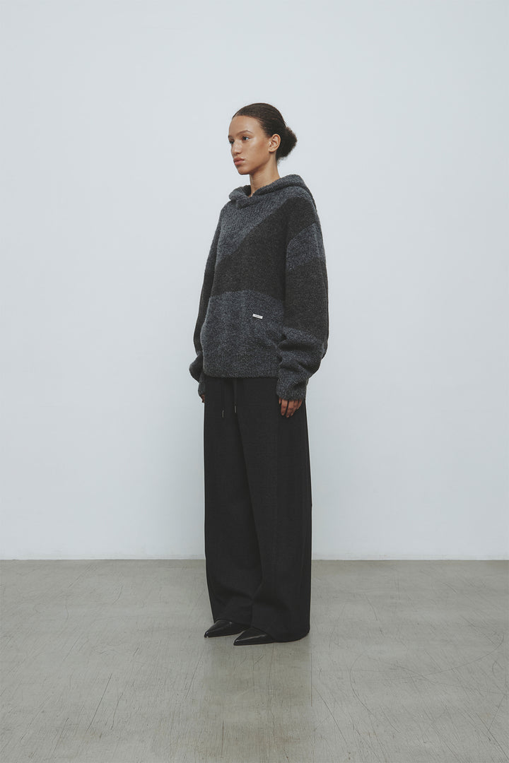 KIMMATIN Color Mix Unbalance Knit Hoody — Charcoal