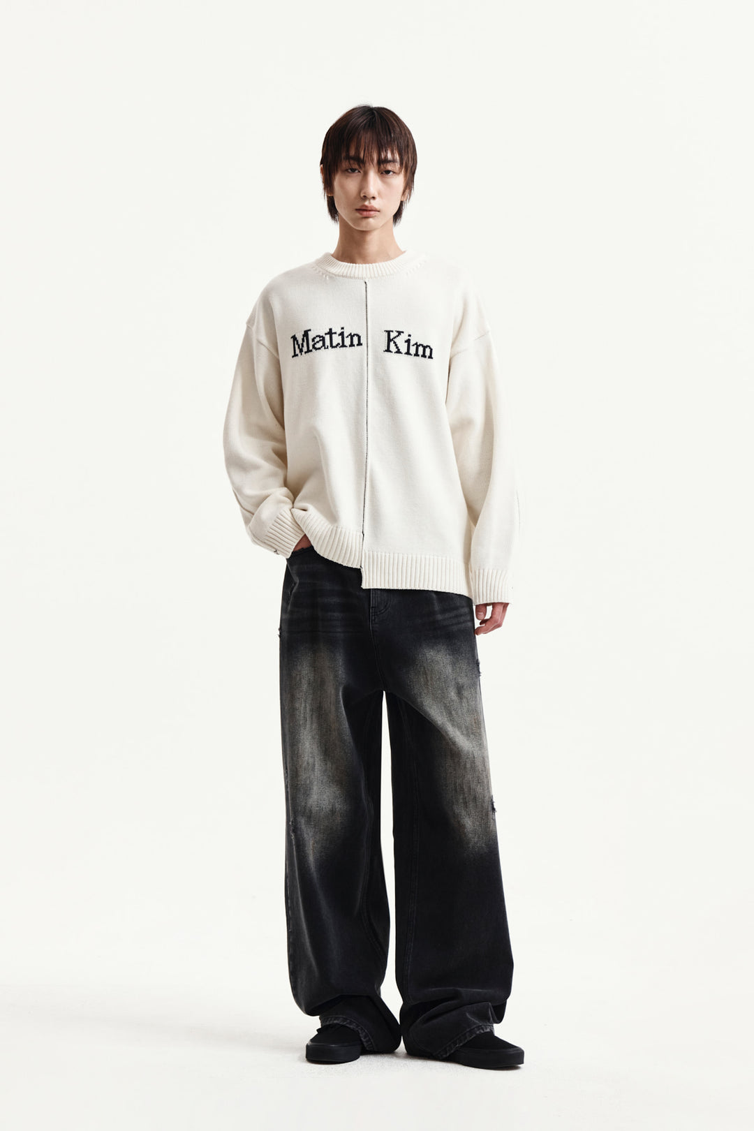 Matin Kim Asymmetric Logo Knit Pullover — Ivory