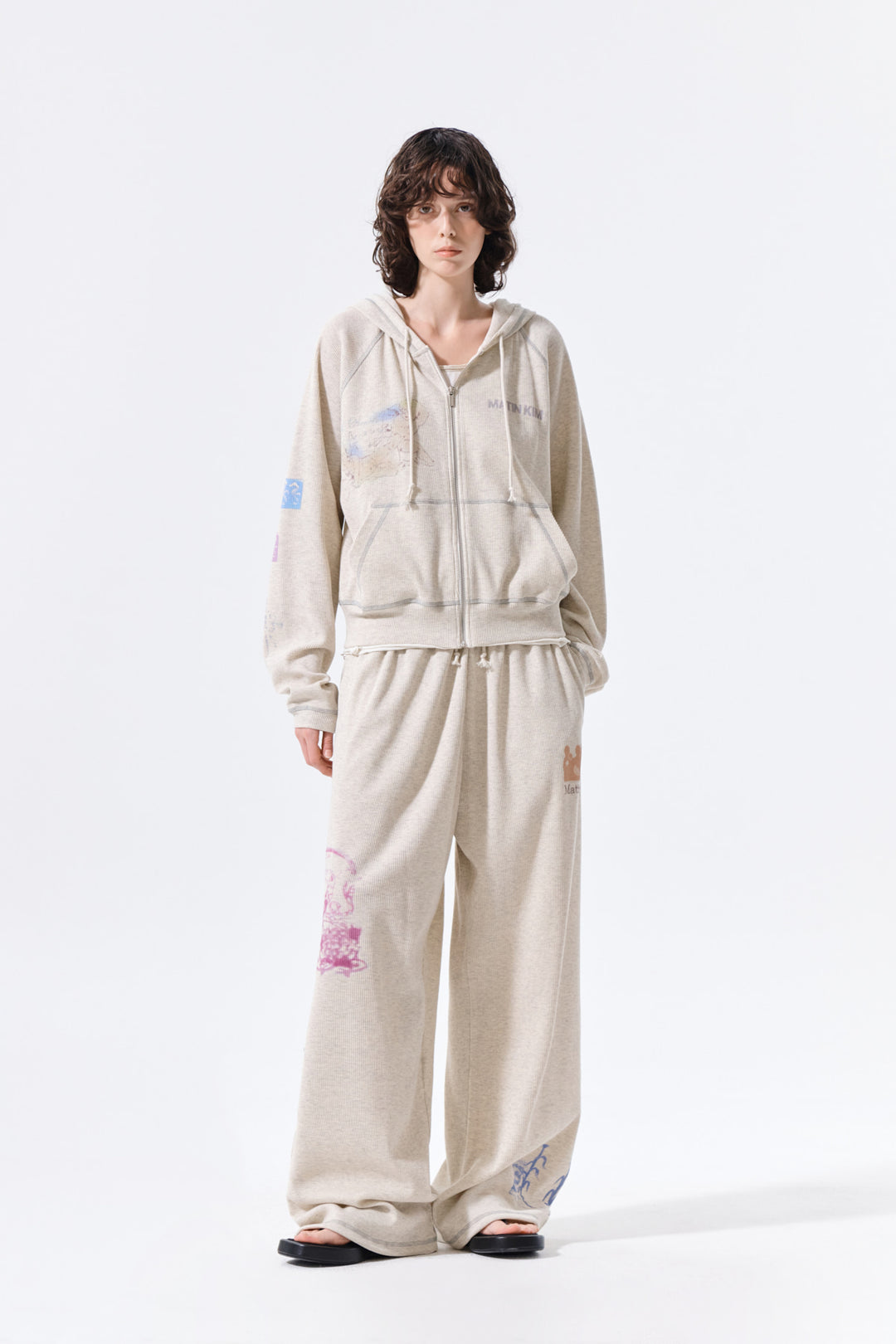 Matin Kim Sketch Graffiti Waffle Zip Hoodie — Beige