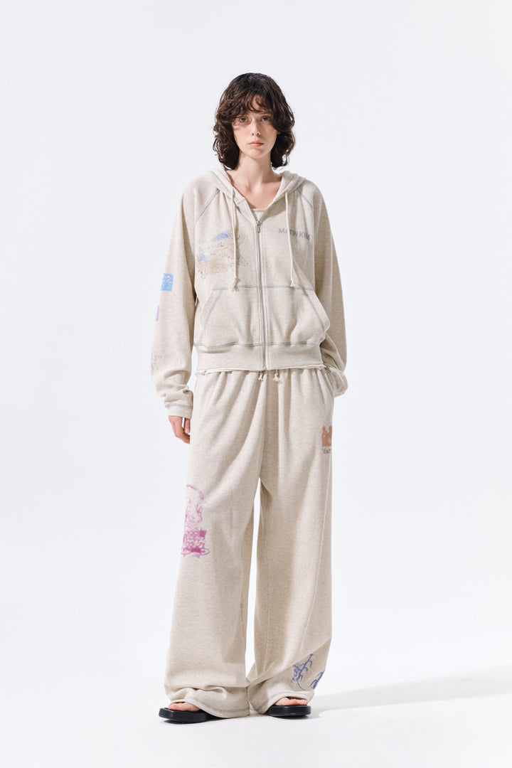 Matin Kim Sketch Graffiti Waffle Zip Hoodie — Beige