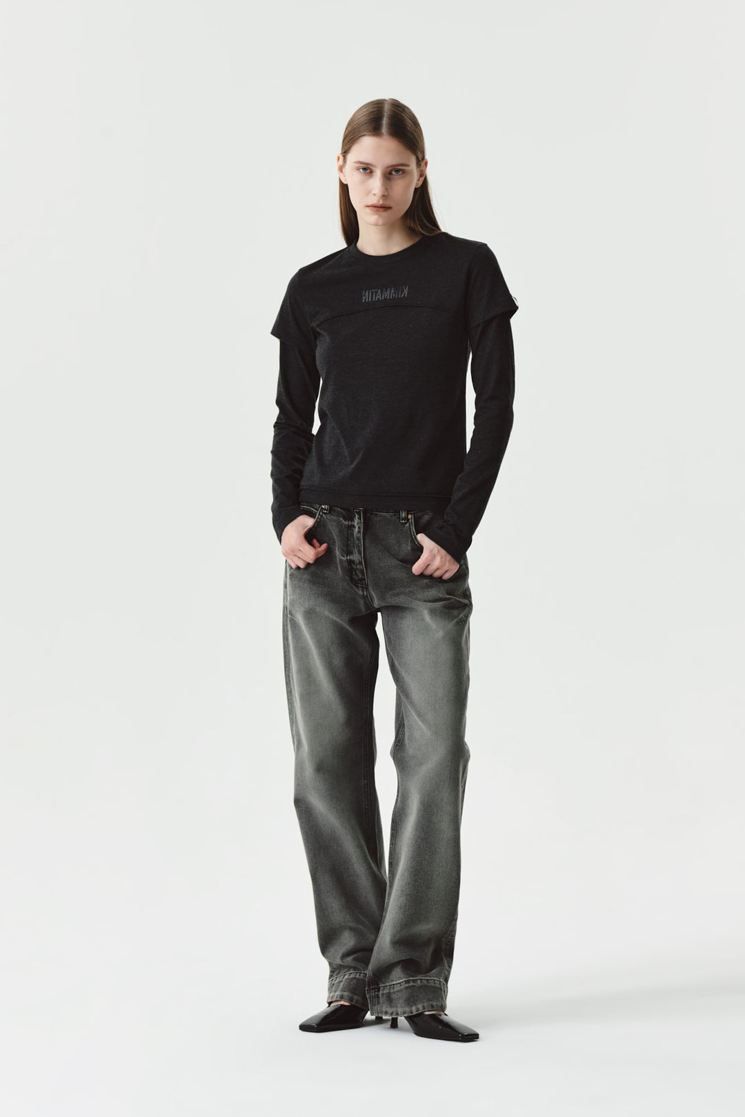KIMMATIN Double Hem Washed Denim Pants — Gray