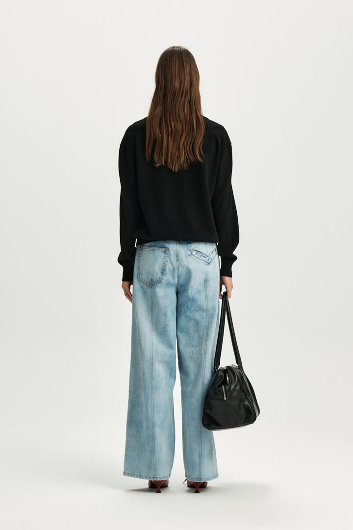 KIMMATIN Unbalance Belted Denim Pants — Light Blue