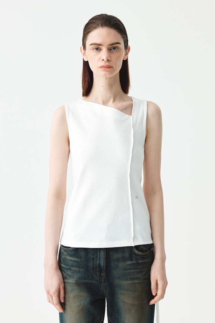 KIMMATIN Back Twist Unbalance Jersey Sleeveless — White