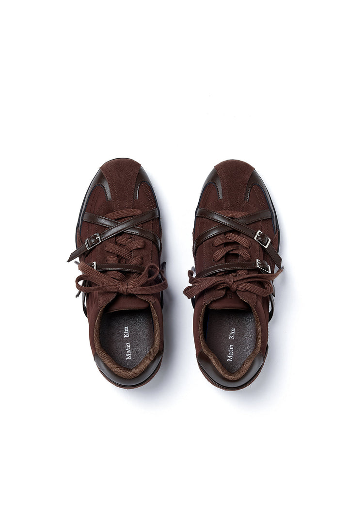 Matin Kim Cross Strap Suede Block Sneaker — Brown