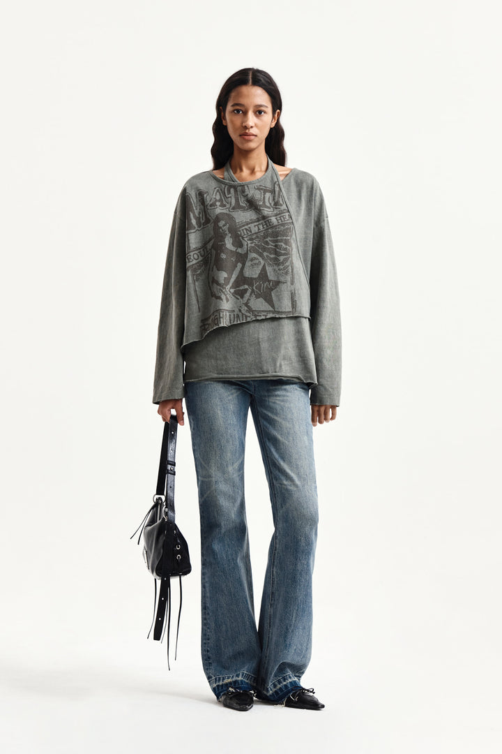 Matin Kim Vintage Graphic Layered Top — Khaki
