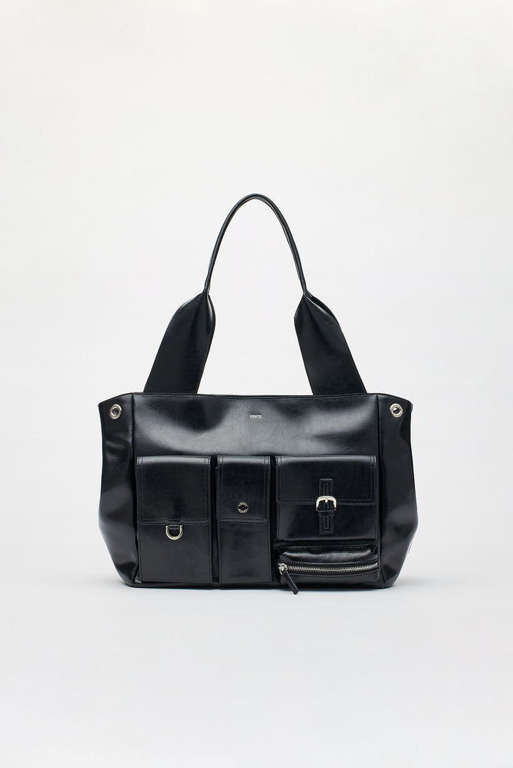KIMMATIN Multi Pocket Leather Shopper — Black
