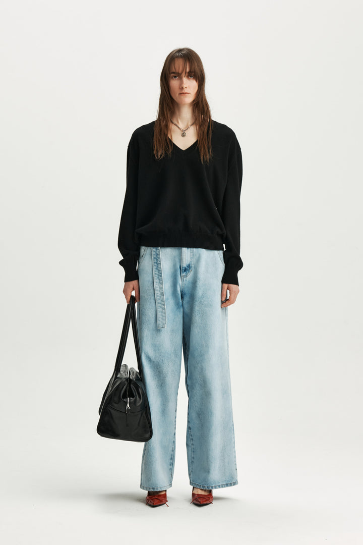 KIMMATIN Unbalance Belted Denim Pants — Light Blue