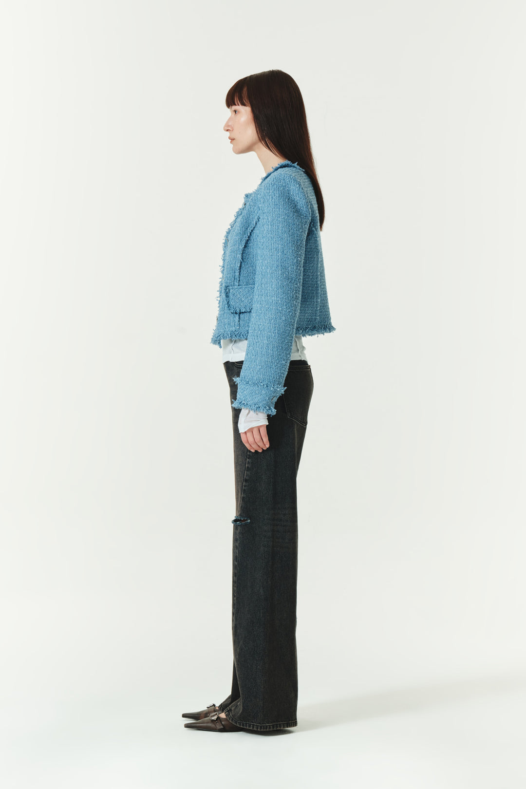 KIMMATIN Unbalance Tweed Crop Jacket