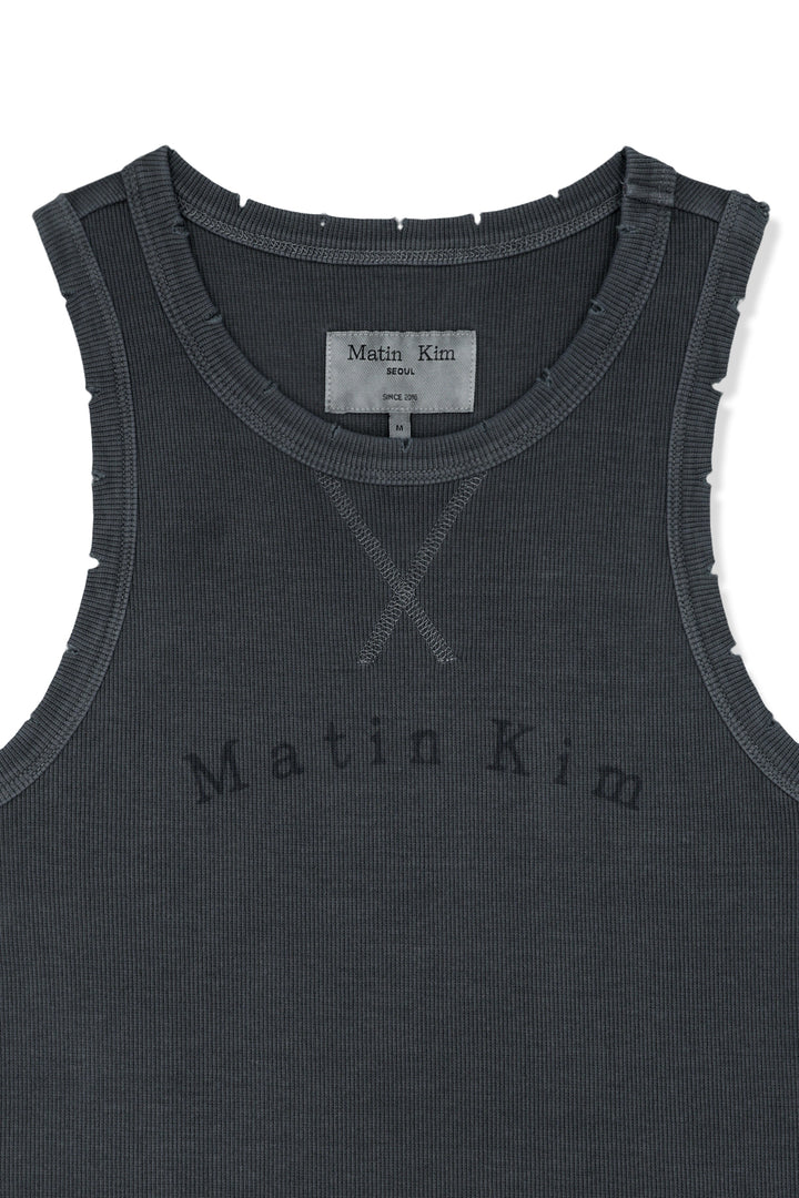 Matin Kim Distressed Sleeveless Logo Top — Charcoal