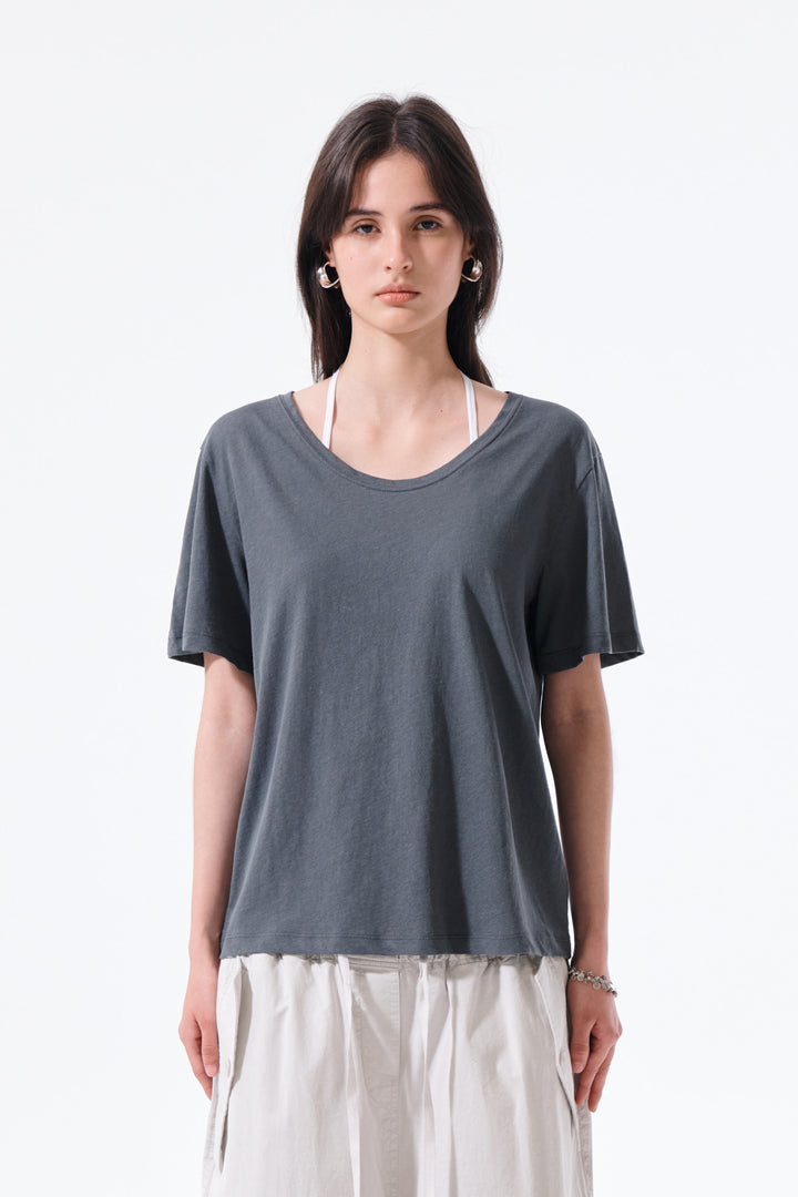 Matin Kim Label Point U Neck Top — Charcoal
