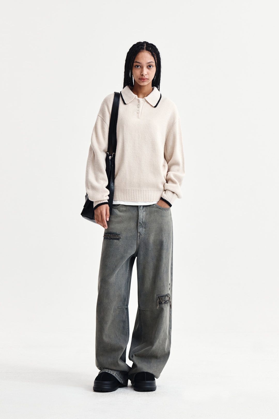 Matin Kim Back Logo Collar Knit Top — Ivory