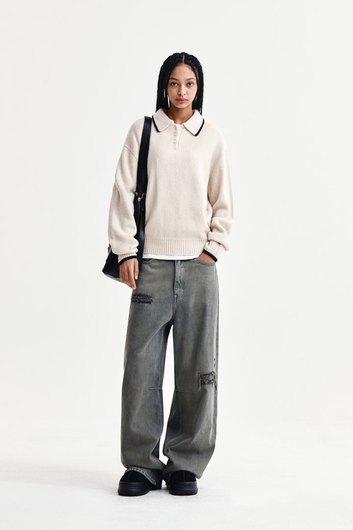 Matin Kim Back Logo Collar Knit Top — Ivory