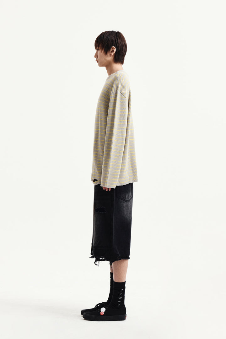 Matin Kim Stripe Damaged Loose Pullover — Beige