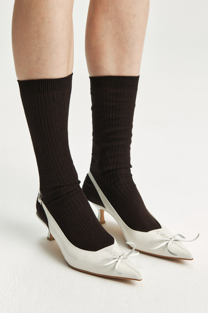KIMMATIN Ribbon Stiletto Sling Back Heels — Ivory