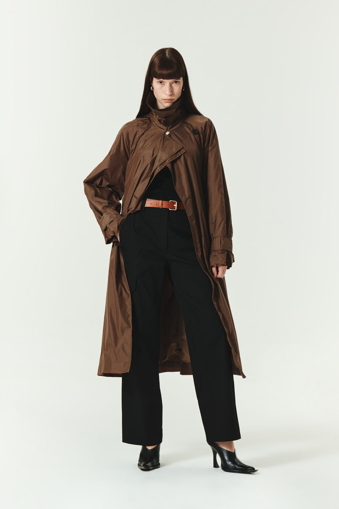 KIMMATIN Raglan Belted Nylon Trench Coat — Brown