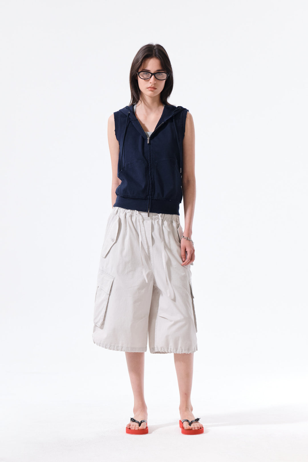 Matin Kim Back Logo Jersey Hood Vest — Navy blue